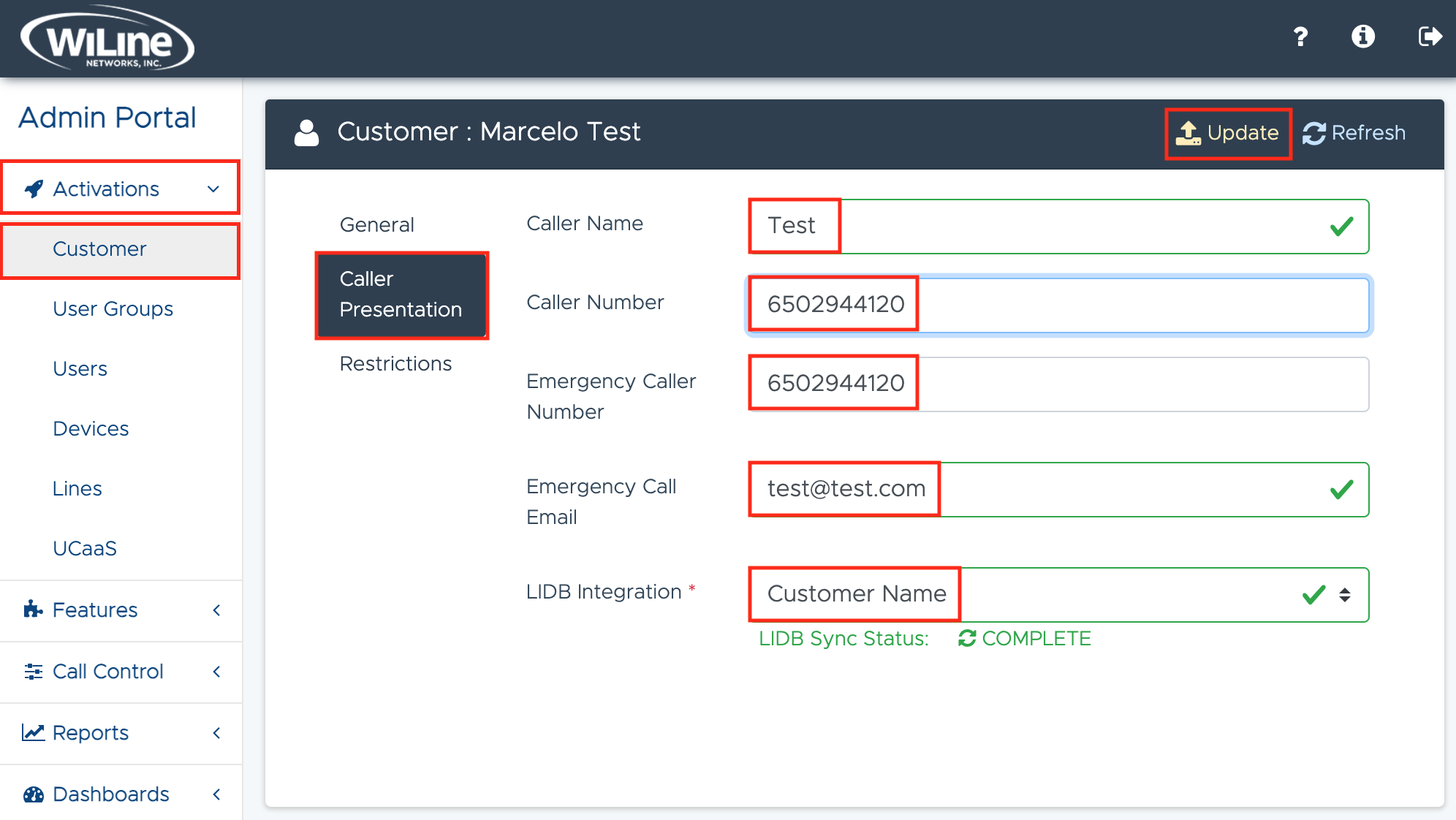 Actualizar configuración de presentación de llamada